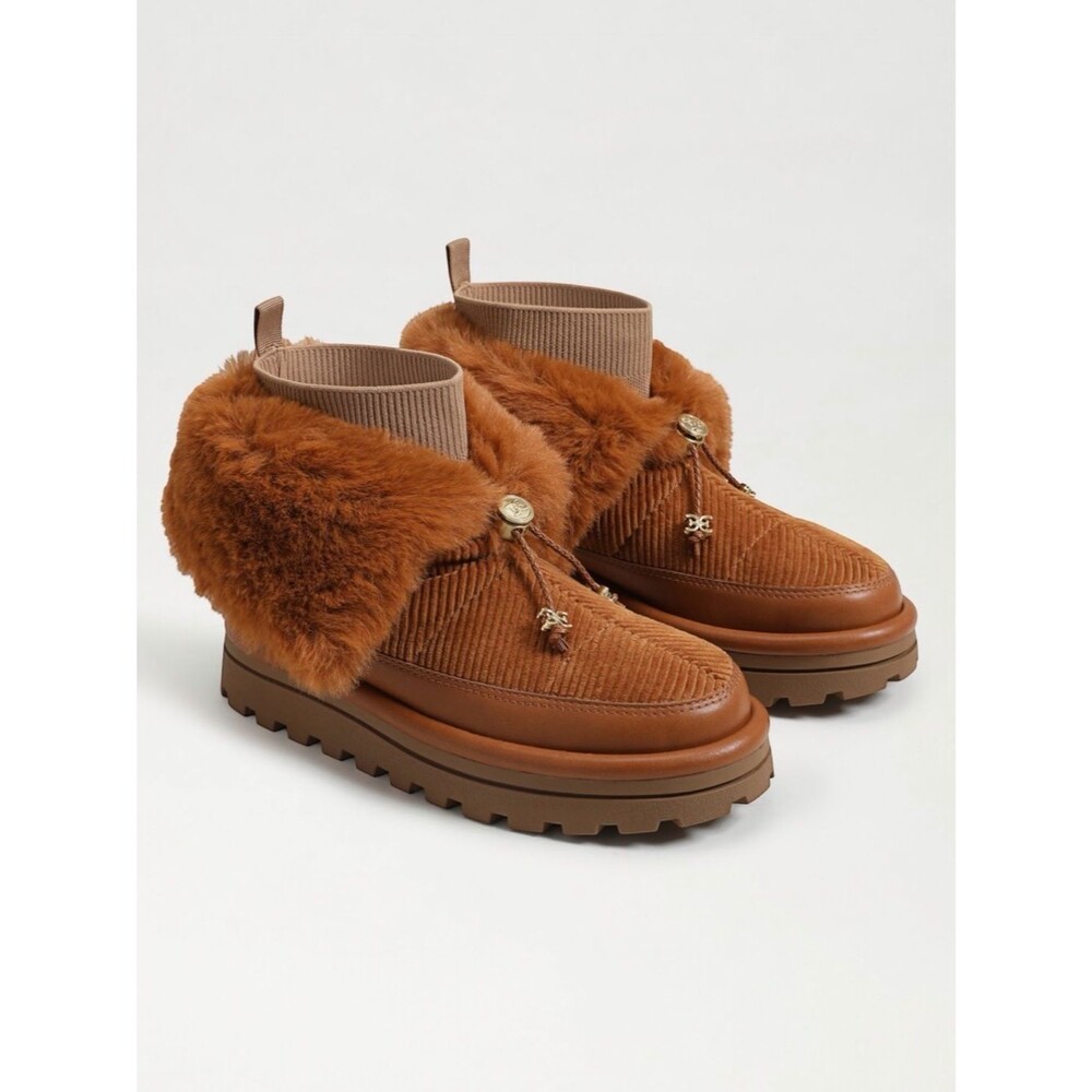 Sam Edelman Olin Foldover Ankle Bootie Corduroy Faux Fur Lug Sole Brown 7 NEW